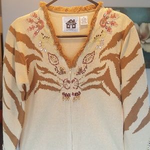 Storybook Knits Beige Cardigan w/ Tiger Design